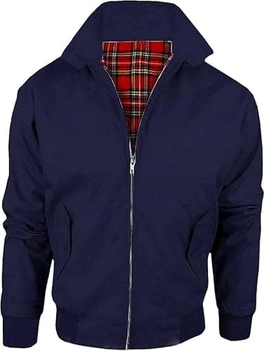 Image of LE11® Harrington Jacket – Smart Casual Unisex Men's & Women's Coat | Vintage Classic Retro 1970's Scooter MOD Skin Bomber | Tartan Lining British Style Zip-Up Bomber Jacket (Navy, 2XL)