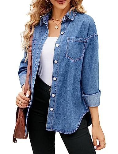 Image of Women Denim Jacket Shacket Long Sleeve Oversize Boyfriend Jean Jacket Shirt, Blue, L