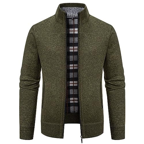Image of Beokeuioe Men's Cardigan with Zip Knitted Jumper Winter Cardigan Winter Jacket Lined Fleece Jacket Without Hood Winter Coat Stand-Up Collar, B Green, L