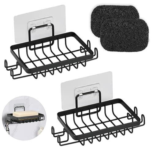 Image of YoHyien 2 Pcs Stainless Steel Wall Mounted Soap Holder, Self Adhesive Soap Dishes with Hooks & Soap Saver, Shower Soap Holder for Bathroom, Kitchen, Strong & Rustproof (Black)
