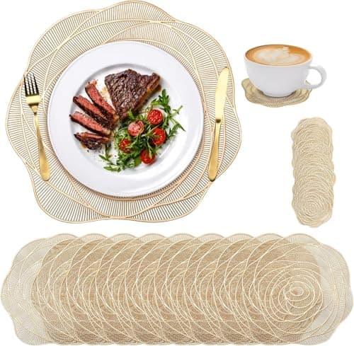 Image of Lyellfe Set of 10 Gold Pressed Vinyl Placemats, 15 Inch Metallic Placemats with Coasters, Non-Slip Washable PVC Chargers Placemat for Dining Table, Wedding, Holiday, Party