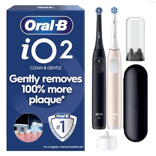 Image of Oral-B iO2 Duo Electric Toothbrushes, 2 Handles, Night Black and Calm Pink - 2 Gentle Care Toothbrush Heads, 1 Travel Case, 1 Travel Refill Holder, Designed by Braun, UK 2 Pin Plug