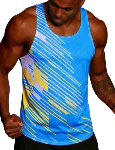 Image of frueo 1 Pack Active Athletic Gym Vest Men Moisture Wicking Running Muscle Tank Top Breathable Y-Back Shirts Training Bodybuilding Sleeveless Shirts(5110)-BlueYellow-L