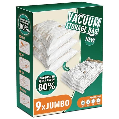 Image of STORAGE MASTER Pack of 9 Jumbo Size Space Saver Bags for Travel and Home Reusable Vacuum Storage Bags Save 80% More Storage Space Work with Vacuum Cleaner (No Pump)