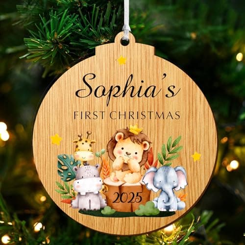 Image of Personalised Baby's First Christmas Bauble Ornaments Gifts 2025 Christmas Tree Decorations with Any Name Custom Wooden Hanging UV Print Xmas Gifts for Baby Kids Son Daughter(Round, Design 1)