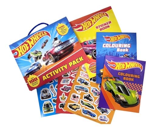 Image of Anila's Hot Wheels Activity Pack – 2 Colouring Books, Sticker Book, 100+ Reusable Stickers & 4 Mini Colouring Pencils – Handy Travel Carry Case – Fun Activity Set for Kids Ages 3–8