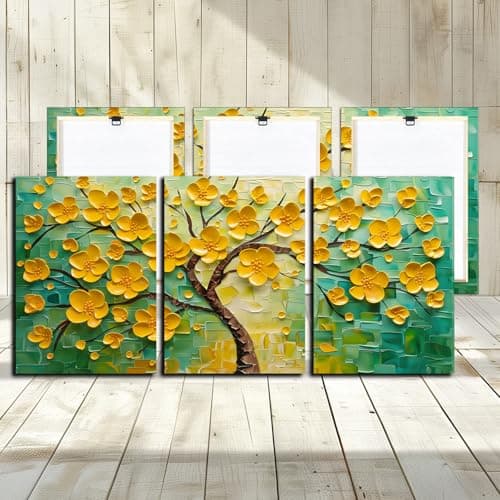 Image of Watercolour Tree Canvas Wall Art - 3 Panels Colorful Big Tree Landscape Oil Painting Picture for Living Room Decorative Woodern Framed Print Artwork Ready to Hang Bathroom Wall Decor 12x16inch 3PCS