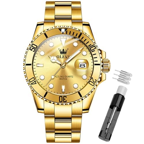 Image of OLEVS Men's Watch Analog Quartz - Dress Watch Stainless Steel Case,Big Face,Luminous, Date Window, 30M Waterproof, Fold-Over Clasp Bracelet (G5885- All Gold Face)