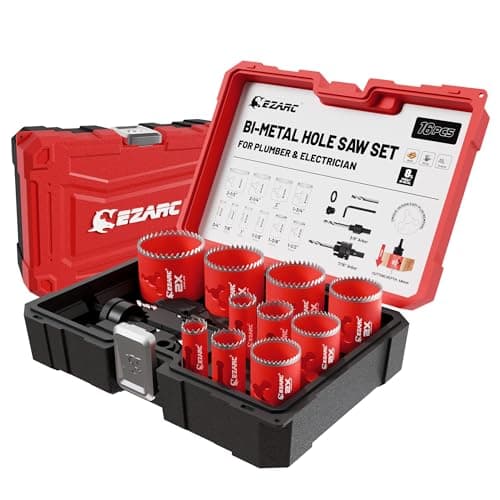 Image of Ezarc 16pc Bi-Metal Hole Saw Set with 8% Cobalt, 48mm Deep Cut for Metal, Hardwood, PVC & Drywall,19-64mm Hole Saws Kit,4/6 TPI Variable Teeth & Cellular Chip Vents for Plumbers & Electricians