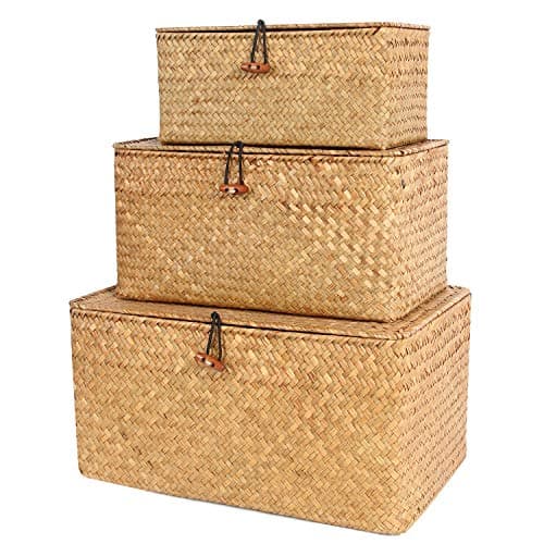 Image of FEILANDUO Wicker Storage Baskets with Lids Seagrass Woven Baskets for Shelves Stackable Storage Boxes for Organizing Rattan Bins (Natural, Large Set of 3(L/M/S))