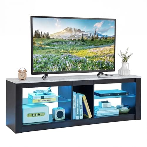 Image of COSTWAY LED TV Stand Cabinet for 65 Inch TVs, Wooden Media Entertainment Center with RGB LED Lights and Adjustable Tempered Glass Shelves, 140cm Living Room Bedroom TV Unit Console Table (Black+Grey)