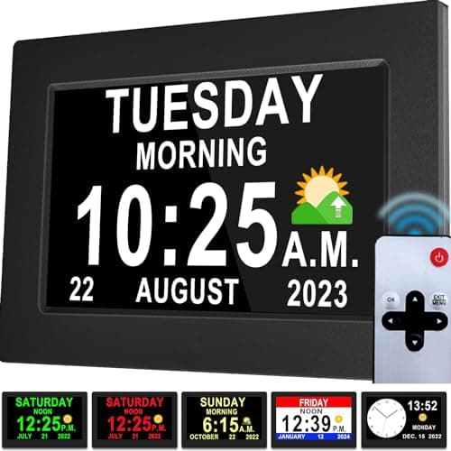 Image of Véfaîî Dementia Clock 2.0 with Auto DST, 20 Custom Reminders, Day Clock with Sun/Moon icons for Elderly, Sleep Trainer, 7" with Remote & HD Picture Frame
