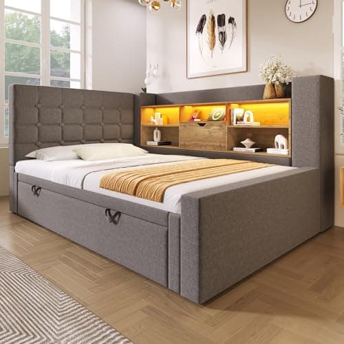 Image of Merax Daybed with Pull Out Trundle Bed, Single Upholstered Sofa Bed with Storage Compartments,LED Lighting,USB&Type C Charging Station, for Living Room and Bedroom, Linen+Grey/90x190cm(No Mattress)