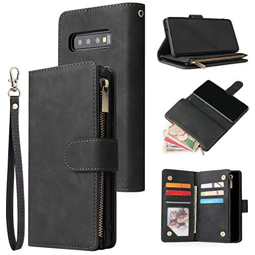 Image of QLTYPRI Case for Samsung Galaxy S10, Large Capacity Leather Wallet Case 6 Card Holder & 1 Zipper Pocket Kickstand Wrist Strap Magnetic Protective Cover for Samsung Galaxy S10 - Black