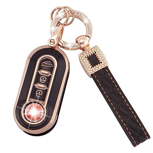 Image of Koaudb Car Key Fob Cover Case Shell Fit for Fiat 500 500L Brava Bravo Fiorino Punto Panda Qubo Stilo Lancia 3 Buttons Flip Folding Key Case Shell with Leather Keychain Lanyard Black Gold (BP-Fia)