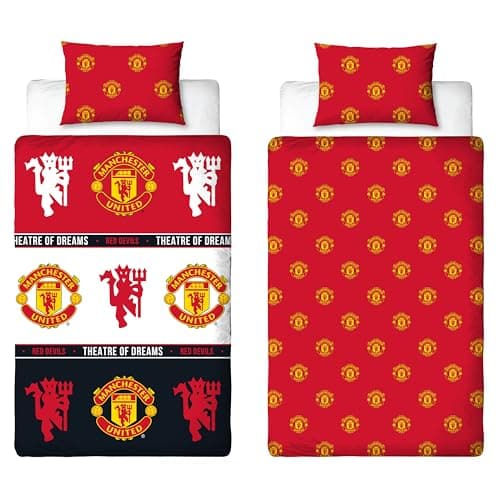 Image of MANCHESTER UNITED FC Official Single Duvet Cover Set, Patch Design, Red Reversible 2 Sided Football Bedding Cover Official Merchandise Including Matching Pillow Case