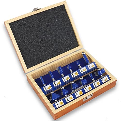 Image of S&R 12-Piece Router Bit Set for Professional Woodworking - High-Quality Forged Tool Steel with Tungsten Carbide Cutting Edges, 8mm Shank, Wooden Case Included"