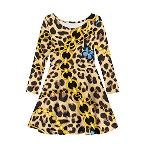 Image of Cute Swing Long Sleeve Dress for Big Girls Brown Chain Leopard Print T Shirt Dress Size 11-12 Girls Graphic Loose Fit Flare Birthday Party Holiday Dance Cute A Line Skater Dress for Winter Spring