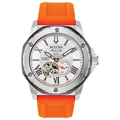 Image of Bulova Men's Marine Star 'Series A' Automatic Watch with Orange Silicone Strap Style: 98A226, Two-Tone, One Size, Marine Star - 98A226