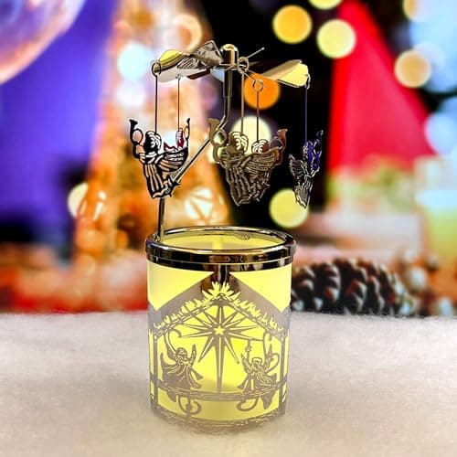 Image of Glass Tea Light Candle Holders Rotary Tealight Carousel with Spinning Fairy Angel Silver Plated Christmas Decoration for Home Tables Gifts for Mom Wife Birthday Wedding - 6 ¼ Inch Tall(Angel)