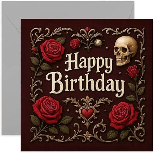Image of Gothic Happy Birthday Card for Him or Her, Skull and Roses Goth Alternative Bday Design, Spooky Artwork for Men Women, Blank Inside