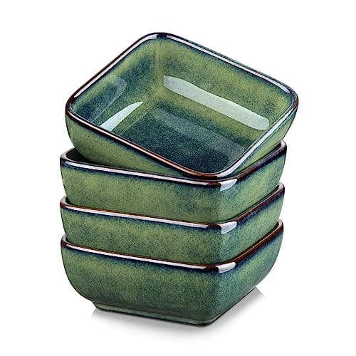 Image of vancasso Stern Green 4-Piece Saucer Dish Set, Reactive Glaze Dipping Snack Bowl, Ceramic Small Serving Dish/Condiment Dish/Seasoning Bowl/Sushi Soy Dish, Square. (9.5x9.5x3.8cm)