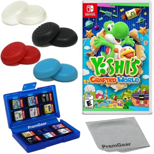 Image of Yoshi's Crafted World for Nintendo Switch (US Version), with PremGear Thumb Grips (8 pack - Black, Blue, Red & Clear), 24 Slot Game Card Holder & Cleaning Cloth