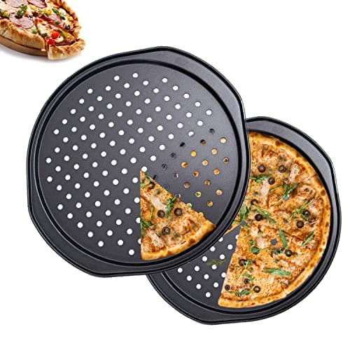 Image of AZKEEGREY 2 Pack 14 inch Pizza Trays for Oven Non Stick with Holes,Carbon Steel Round Non-Stick Pizza Pan with Handle (Inside Diameter 30cm)