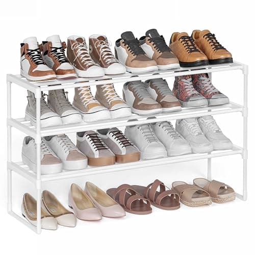 Image of SONGMICS 3-Tier Shoe Rack, Shoe Storage Organiser, Metal Storage Rack, Upright or Upside Down, Fits 16 to 20 Pairs, Stackable, for Hallway, 30 x 92 x 55 cm, Pearl White LSA303W03