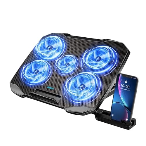 Image of AIMIUZI Laptop Cooling Pad, Laptop Cooler for 12-15.6 Inch Notebooks, Laptop Cooling Stand with 5 Quiet Fans, 5 Height Adjustable, 2 USB Ports, Phone Stand (Black)