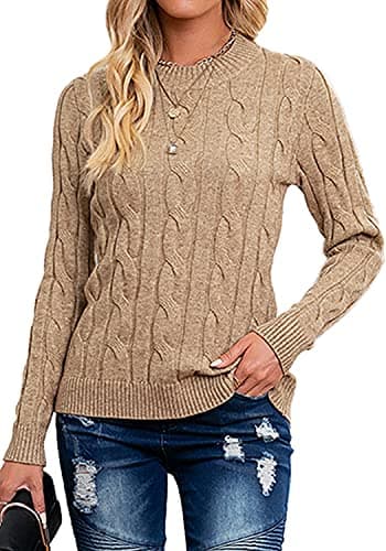 Image of Breampot Women Cable Knit Jumper Casual Basic Long Sleeve Pullover Sweater Tops(Khaki,Medium)