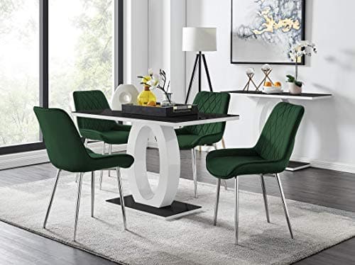 Image of Furniturebox UK - Giovani Modern Black/White High Gloss Glass Dining Table Set and 4 Luxury Pesaro Silver Premium Chairs Set (Dining Table + 4 Green Pesaro Silver Chairs)