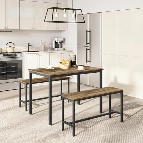 Image of VASAGLE Dining Table with 2 Benches, 3 Piece Set, Kitchen Table of 70 x 110 x 75 cm, 2 Benches of 30 x 97 x 50 cm Each, Steel Frame, Honey Brown and Ink Black KDT070B41