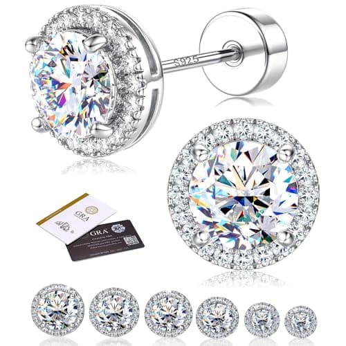 Image of ADRAMATA Moissanite Earrings for Women and Men – 925 Sterling Silver Hypoallergenic Simulated Diamond Earrings, D Colour VVS1 Brilliant Halo Moissanite, 14K White Gold Plated Flat Back Studs