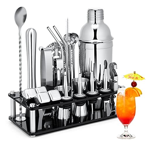 Image of Cocktail Shaker Set, 23 PCS Stainless Steel Bartender Kit with Acrylic Stand & Cocktail Recipes Booklet, Professional Bar Tools for Drink Mixing, Home, Bar, Party (Sliver, 25oz)