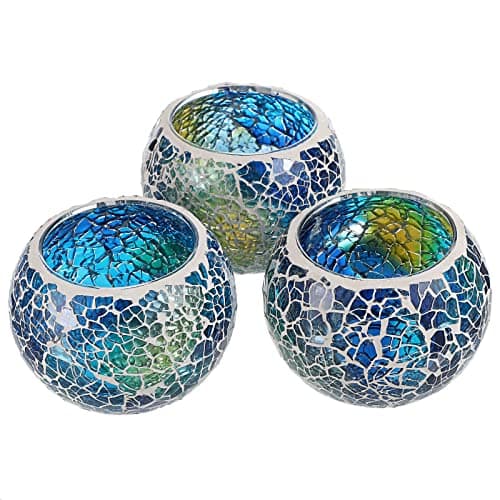 Image of BSTKEY Set of 3 Mosaic Glass Tea Light Candle Holders, Decorative Votive Candle Stand, Round Candle Holder Centerpieces for Table, Wedding, Party, Home Decor (Blue)