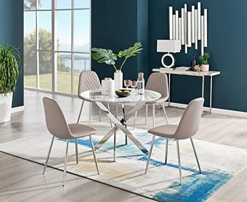 Image of Furniturebox UK Novara White Marble Effect Round Dining Table & 4 Cappuccino Corona Silver Chairs
