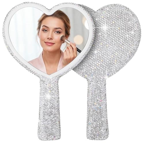 Image of Mabor Rhinestone Heart Shaped Handheld Mirror - Sparkling Cosmetic Mirror with Handle, Portable for Travel, Wedding & Daily Makeup Application, Silver
