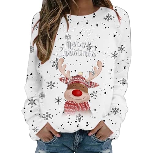 Image of Ladies Christmas Jumpers Christmas Sweatshirt For Women Cute Reindeer Print Sweatshirt Loose Funny Xmas Jumpers Long Sleeve Crewneck Shirt Ladies Fashion Hoodies Sweaters (White, S)