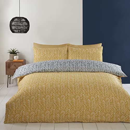 Image of Rapport Home Helston Ochre and Black Striped Reversible Duvet Cover Set - Double Size Microfibre Bedding with Pillowcases - Soft, Easy Care & Modern Design