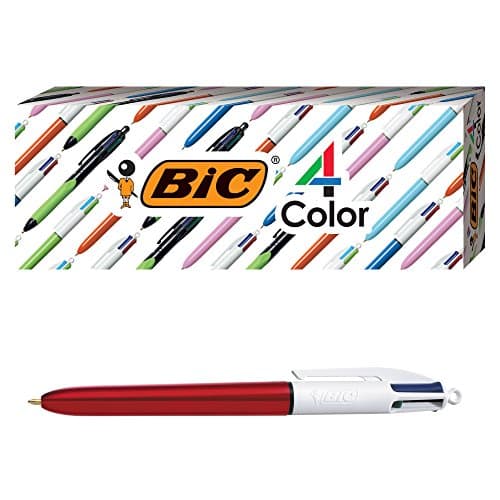 Image of BIC 4-Color Shine Ballpoint Pen, Red Barrel, Medium Point (1.0mm), Assorted Inks, 3-Count