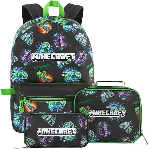 Image of Get Trend Minecraft Boys Backpack Set, 3 Piece School Bag with Insulated Lunch Bag & Pencil Case, Travel Sports Day Rucksack, School Supplies, Gamer Gifts for Kids & Teens (Multi Creeper)