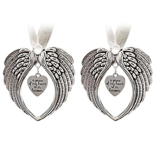 Image of DALAETUS 2 Pcs Memorial Bauble, Christmas Ornament for Home Decor Gifts, "A Piece of My Heart is In Heaven" Angel Wings Shaped Tree Hanging (With Ribbon)