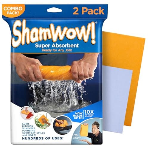 Image of ShamWow The Original Super Absorbent Multi-Purpose Cleaning Shammy Chamois Towel Cloth - Holds 10X its Weight in Liquid - Machine Washable - Will Not Scratch (2 Pack: 1 Large Orange & 1 Small Blue)