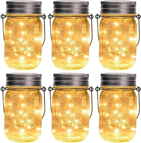 Image of GIGALUMI Hanging Solar Mason Jar Lights, 6 Pack 30 Led Solar Lanterns Outdoor Hanging Lanterns, 6 Hangers and Jars Included. Great Outdoor Lawn Decorate for Patio Garden, Yard and Lawn