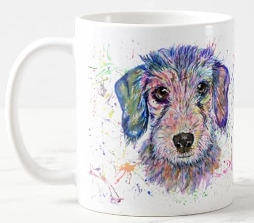 Image of Vixar Dachshund Wire haired Sausage Tecle Dog Pet Watercolour Art Coloured Mug Cup Gift Birthday Work Office Christmas Tea Coffee (White)