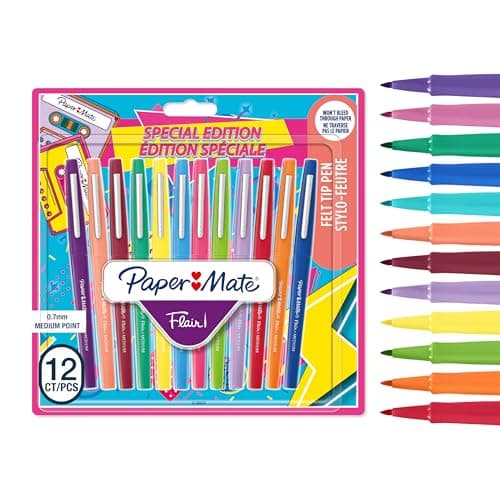 Image of Paper Mate Flair Felt Tip Pens | Medium Point (0.7mm) | Assorted Retro Colours | 12 Count