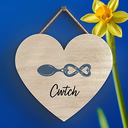 Image of Global Designs Cwtch Cuddle Welsh Love Spoon Wooden Heart Hanging Plaque