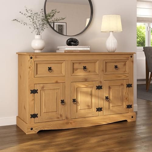 Image of Corona Sideboard 3 Door 3 Drawer Mexican Style Solid Pine Wood Cupboard