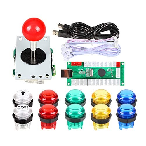 Image of Fosiya 1 Player USB Encoder to PC Arcade Joystick Red Top Ball + 10x 5V LED Arcade Buttons for Arcade PC Games Mame Raspberry Pi